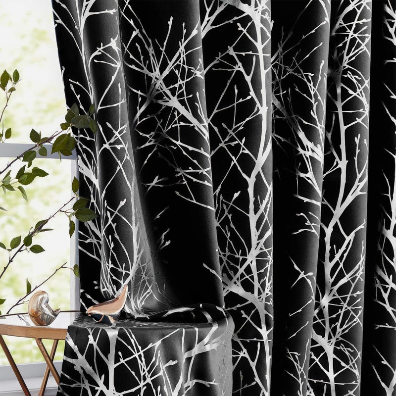 FMFUNCTEX 100% Blackout Curtains for Bedroom, Curtains 84 Inches Long Black Branch Curtains for Living Room, Silver Foil Metallic Tree Patterned Panels, Thermal Insulated Curtain 2 Panels Grommet Top - Image 1